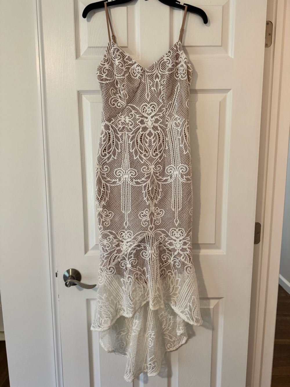 DO+BE White Lace High-Low Dress with Tan Slip